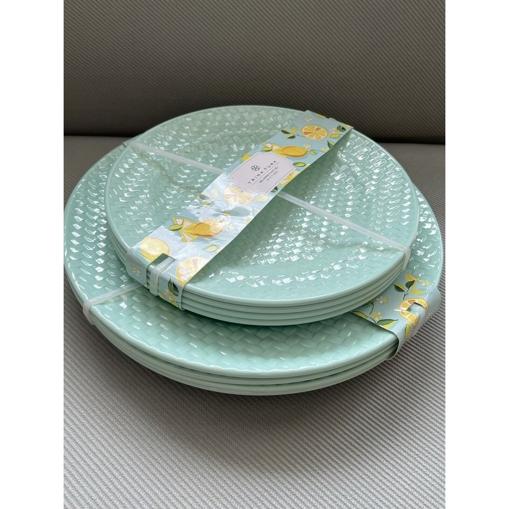 8PC  Set Trina Turk Aqua Basket Weave Melamine 4 Salad & 4 Dinner Plates NEW